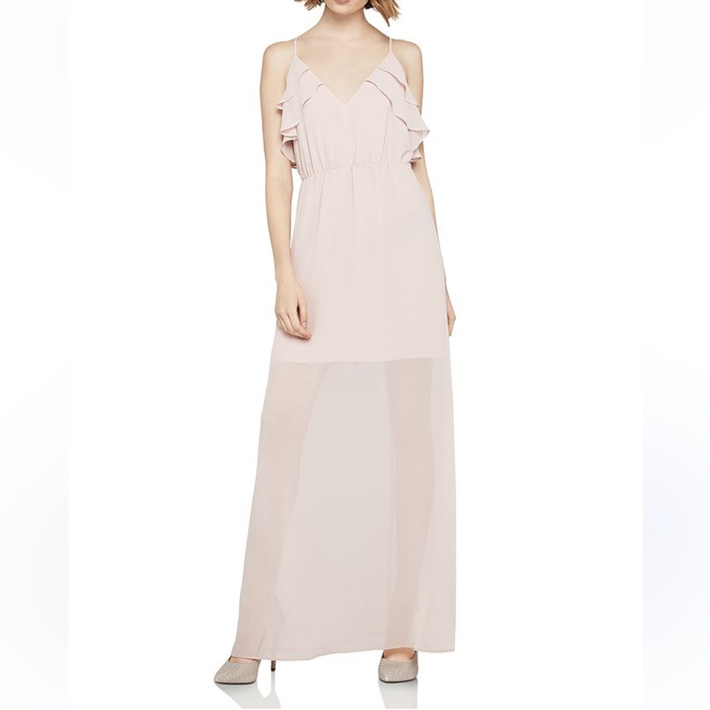BCBGENERATION Rose Smoke Ruffle Front Chiffon Maxi dress gown nude Sz S